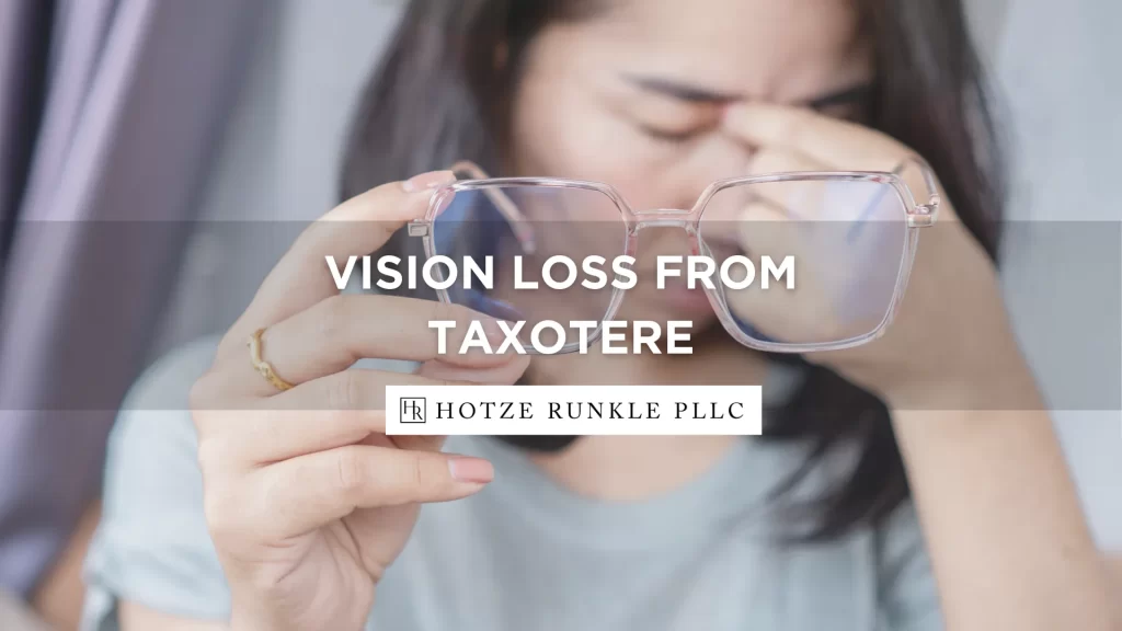 Woman appearing to struggle with vision issues from Taxotere